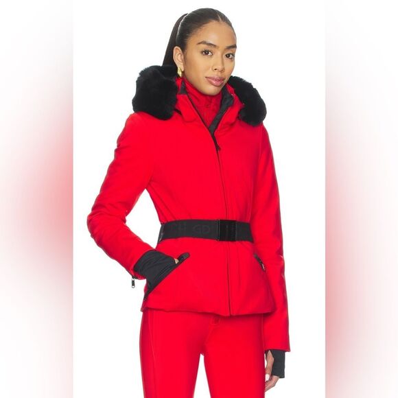 Goldbergh HIDA Belted Ski Jacket Fur US 6 Waterproof Red Flame NWOT